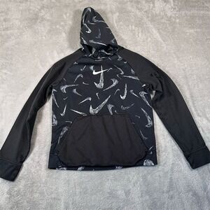 Nike Kids Hoodie Black‎ Pullover Size L Long Sleeve Logo AOP Swoosh